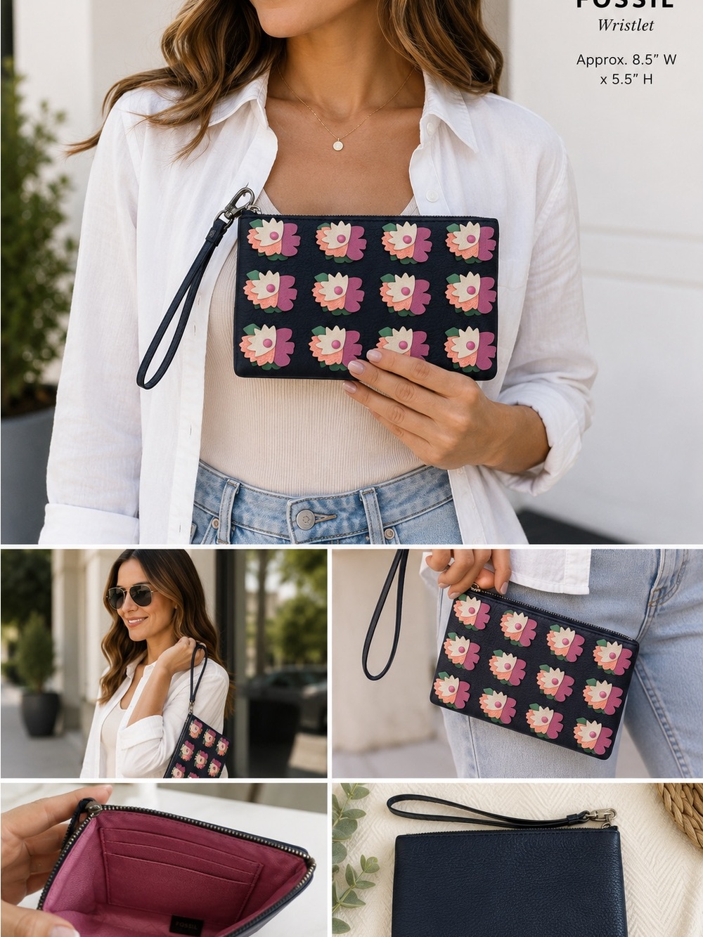Fossil Leather Floral Appliqué Wristlet Navy Zip Clutch Wallet Organizer